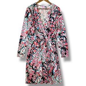 Lilly Pulitzer Angelica XL Faux Wrap Silk Pink Abstract Long Sleeve Midi Dress